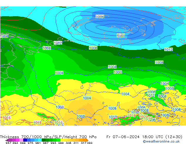 Thck 700-1000 hPa ECMWF Fr 07.06.2024 18 UTC