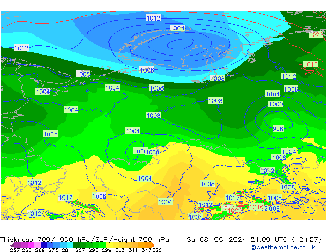 Espesor 700-1000 hPa ECMWF sáb 08.06.2024 21 UTC