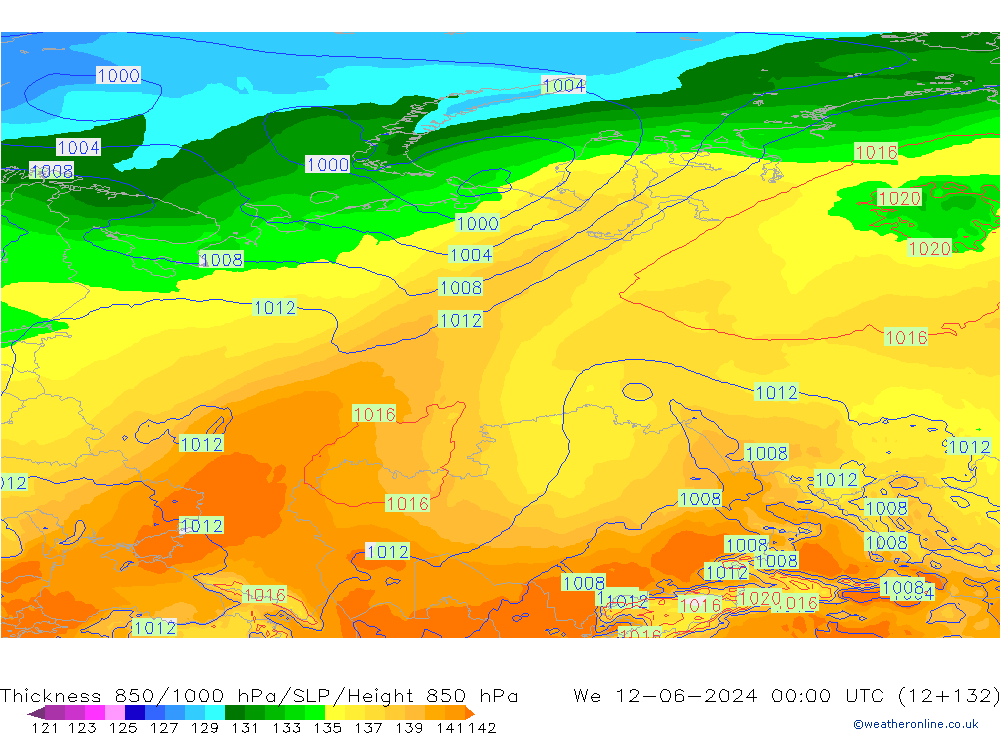 Thck 850-1000 hPa ECMWF Qua 12.06.2024 00 UTC