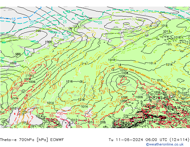 Theta-e 700hPa ECMWF di 11.06.2024 06 UTC