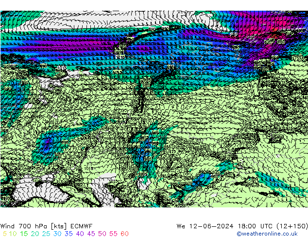 Wind 700 hPa ECMWF We 12.06.2024 18 UTC