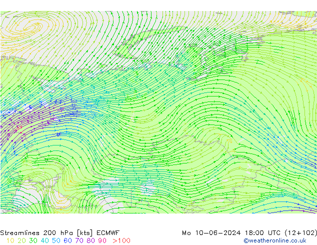 Línea de corriente 200 hPa ECMWF lun 10.06.2024 18 UTC