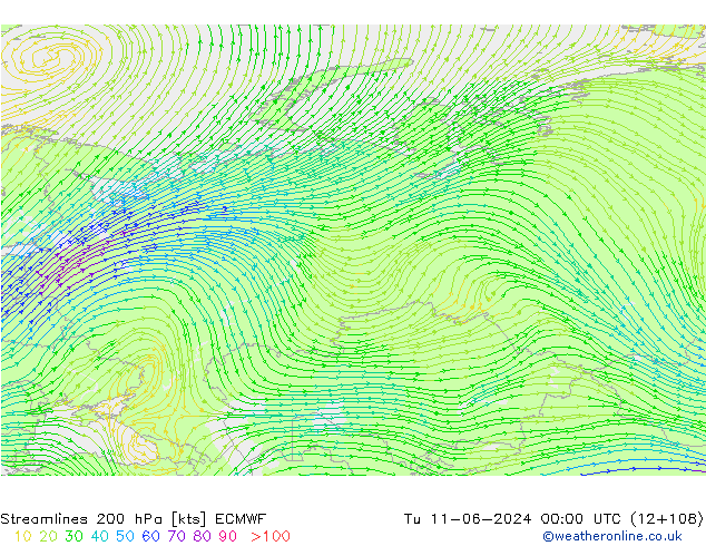 Streamlines 200 hPa ECMWF Tu 11.06.2024 00 UTC