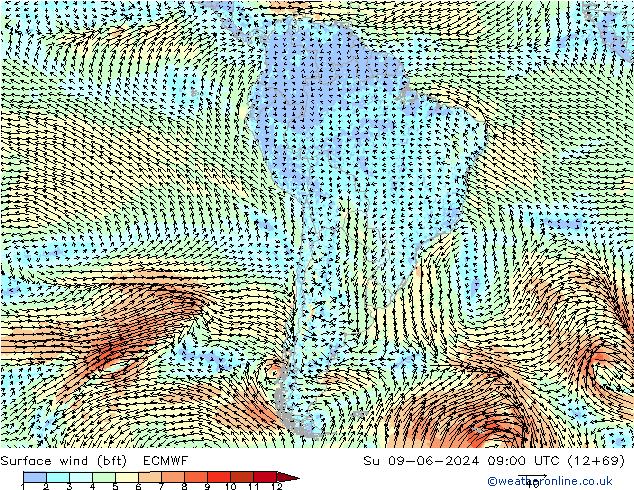 Wind 10 m (bft) ECMWF zo 09.06.2024 09 UTC