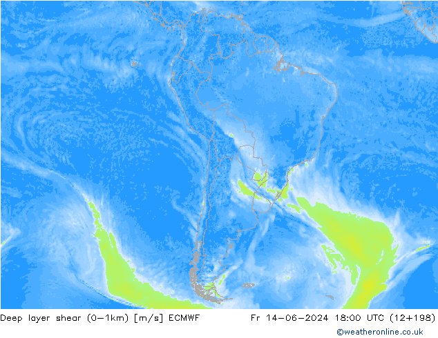 Deep layer shear (0-1km) ECMWF пт 14.06.2024 18 UTC