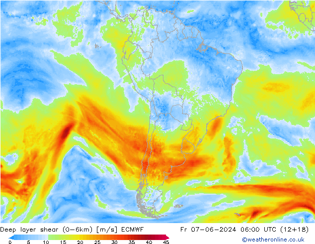 Deep layer shear (0-6km) ECMWF vie 07.06.2024 06 UTC