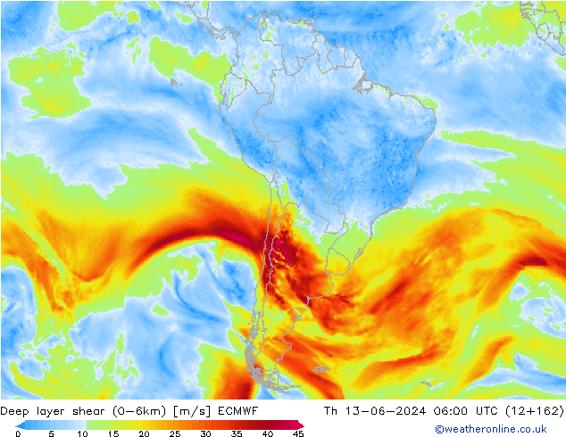 Deep layer shear (0-6km) ECMWF Čt 13.06.2024 06 UTC