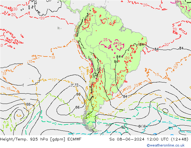 Hoogte/Temp. 925 hPa ECMWF za 08.06.2024 12 UTC