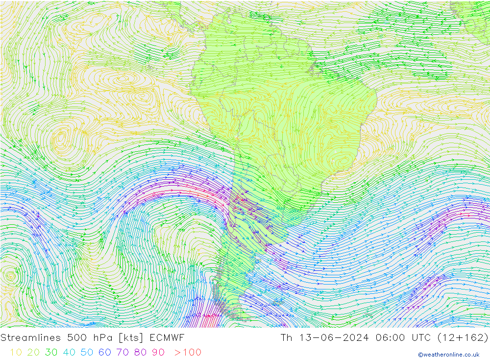 Linea di flusso 500 hPa ECMWF gio 13.06.2024 06 UTC