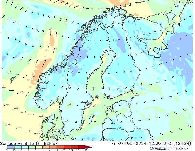 �N 10 米 (bft) ECMWF 星期五 07.06.2024 12 UTC