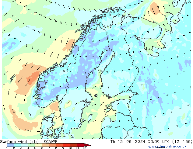 Surface wind (bft) ECMWF Th 13.06.2024 00 UTC