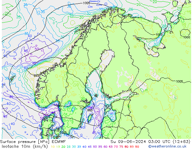 Izotacha (km/godz) ECMWF nie. 09.06.2024 03 UTC