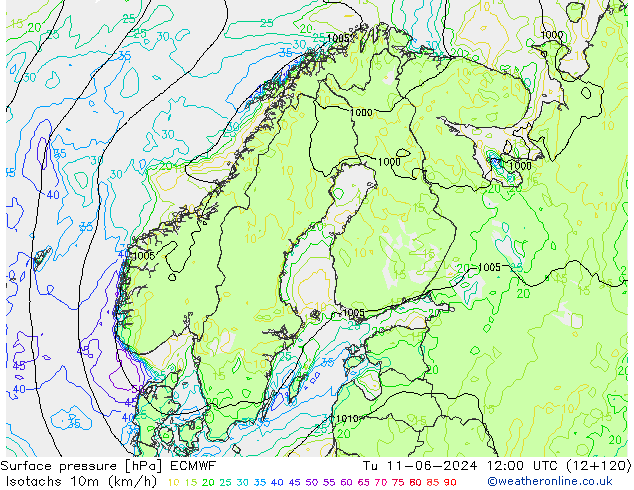 Isotachs (kph) ECMWF Tu 11.06.2024 12 UTC