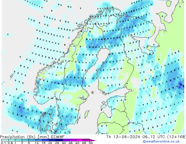 Precipitation (6h) ECMWF Th 13.06.2024 12 UTC