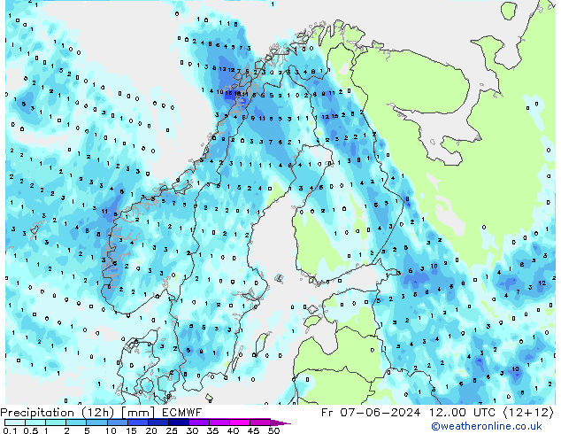 Precipitation (12h) ECMWF Fr 07.06.2024 00 UTC