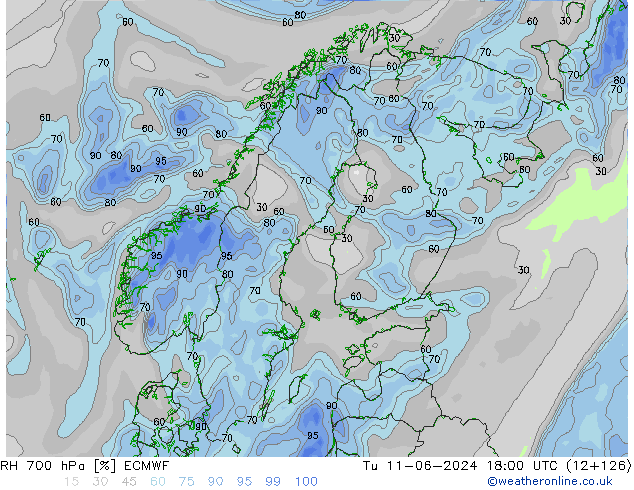 RH 700 гПа ECMWF вт 11.06.2024 18 UTC