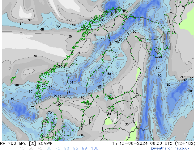 RH 700 гПа ECMWF чт 13.06.2024 06 UTC