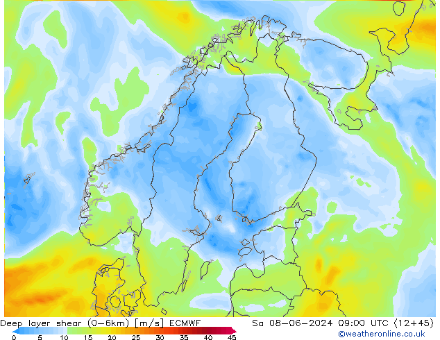 Deep layer shear (0-6km) ECMWF za 08.06.2024 09 UTC