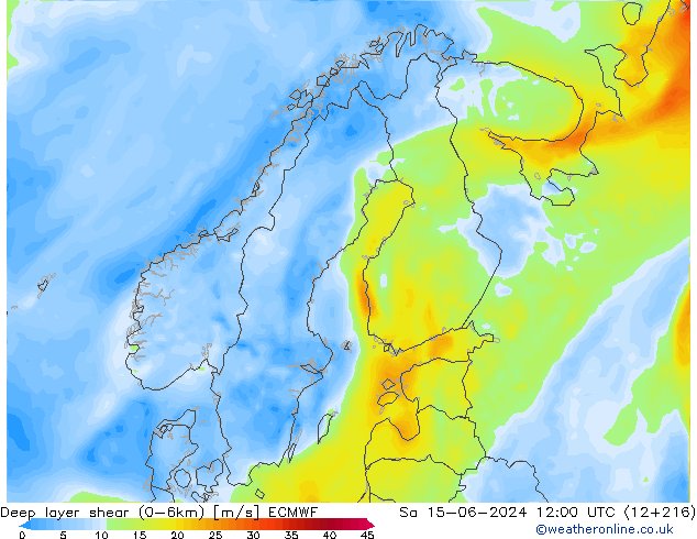 Deep layer shear (0-6km) ECMWF Sa 15.06.2024 12 UTC