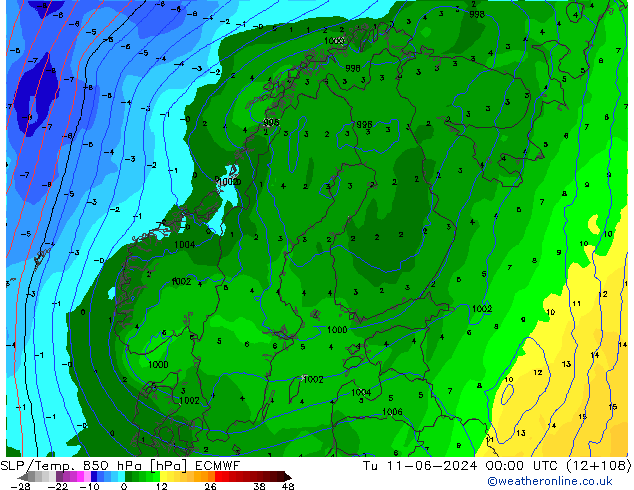 SLP/Temp. 850 hPa ECMWF mar 11.06.2024 00 UTC