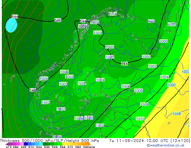 Thck 500-1000hPa ECMWF Tu 11.06.2024 12 UTC