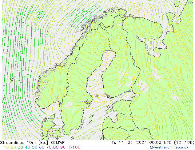 Linea di flusso 10m ECMWF mar 11.06.2024 00 UTC