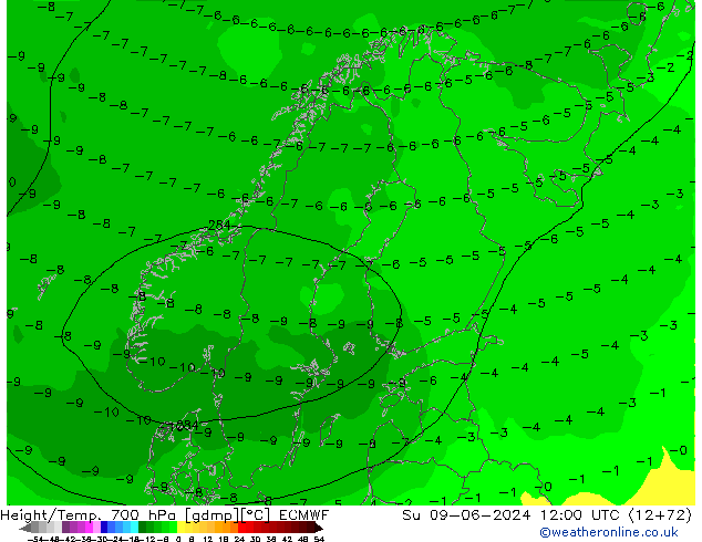 Height/Temp. 700 hPa ECMWF Su 09.06.2024 12 UTC