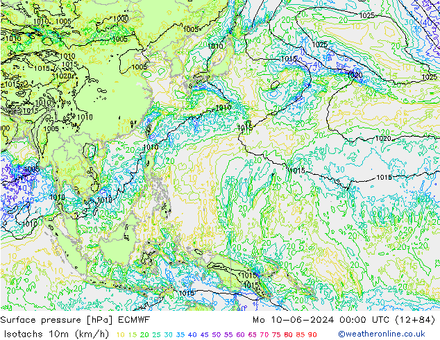 Isotachs (kph) ECMWF пн 10.06.2024 00 UTC