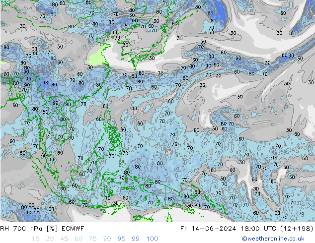 Humedad rel. 700hPa ECMWF vie 14.06.2024 18 UTC