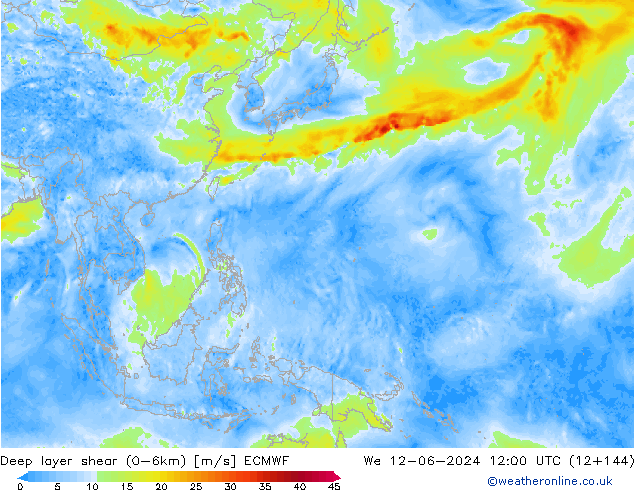 Deep layer shear (0-6km) ECMWF wo 12.06.2024 12 UTC