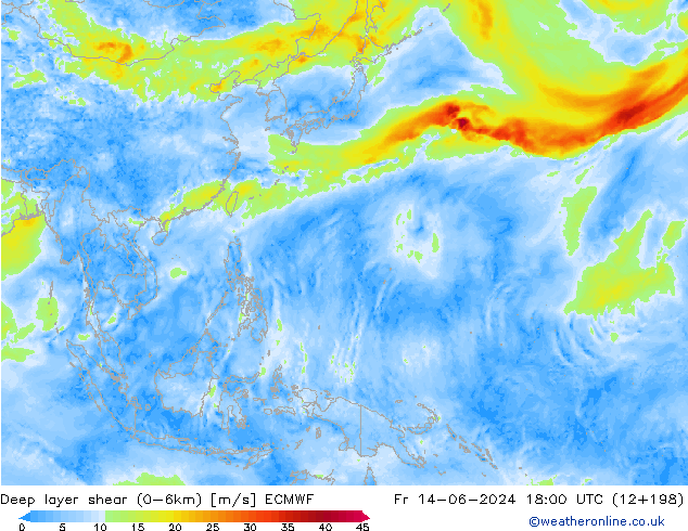 Deep layer shear (0-6km) ECMWF ven 14.06.2024 18 UTC