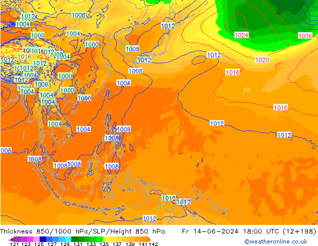 Espesor 850-1000 hPa ECMWF vie 14.06.2024 18 UTC