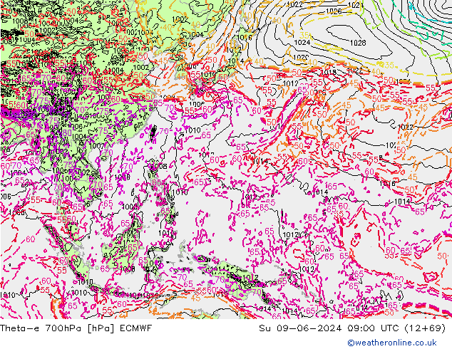 Theta-e 700hPa ECMWF zo 09.06.2024 09 UTC