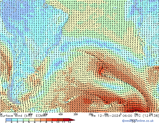 Wind 10 m (bft) ECMWF wo 12.06.2024 06 UTC