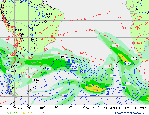 Jet stream/SLP ECMWF Út 11.06.2024 00 UTC