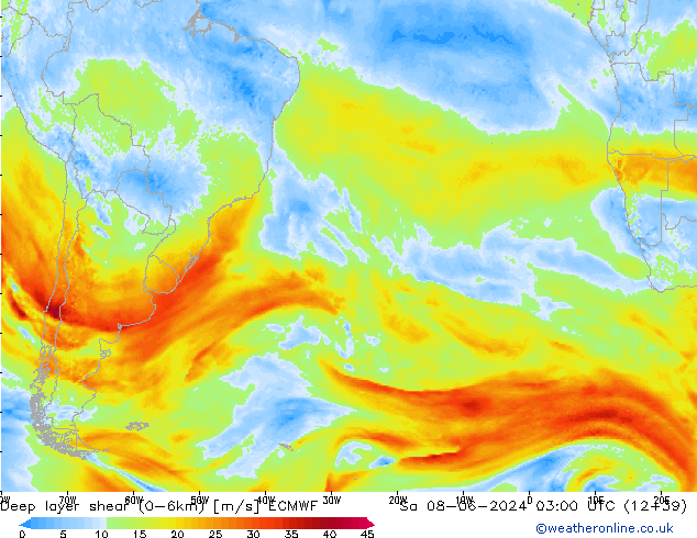 Deep layer shear (0-6km) ECMWF za 08.06.2024 03 UTC