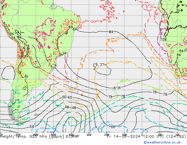 Height/Temp. 925 hPa ECMWF Fr 14.06.2024 12 UTC