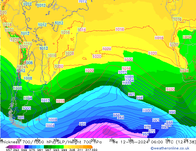 Thck 700-1000 hPa ECMWF mer 12.06.2024 06 UTC