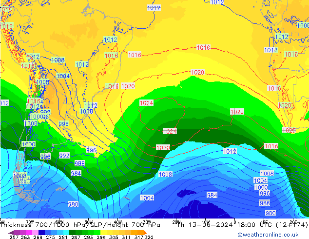 Thck 700-1000 hPa ECMWF Qui 13.06.2024 18 UTC