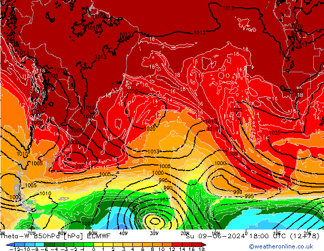 Theta-W 850hPa ECMWF Su 09.06.2024 18 UTC