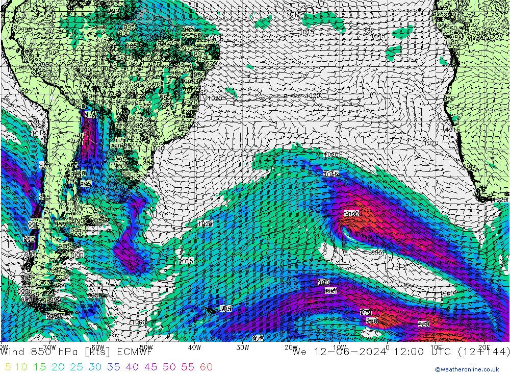 Wind 850 hPa ECMWF We 12.06.2024 12 UTC