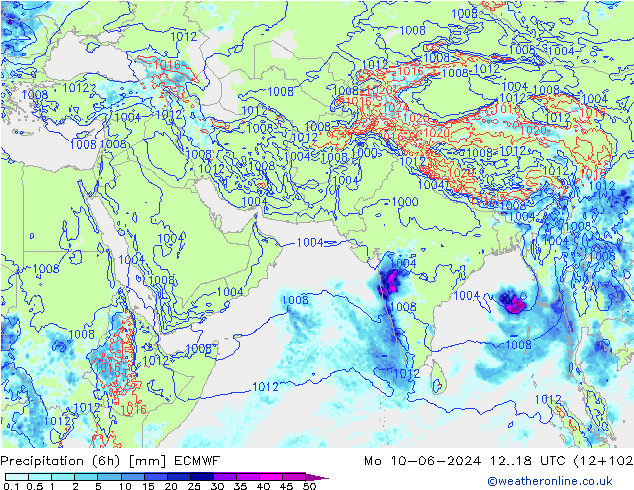 Precipitation (6h) ECMWF Po 10.06.2024 18 UTC