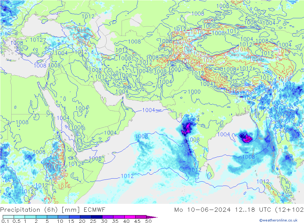 Prec 6h/Wind 10m/950 ECMWF Mo 10.06.2024 18 UTC