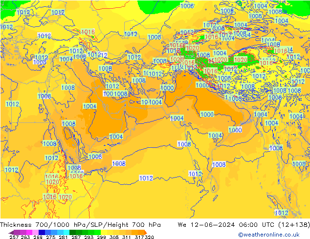 Thck 700-1000 hPa ECMWF mer 12.06.2024 06 UTC