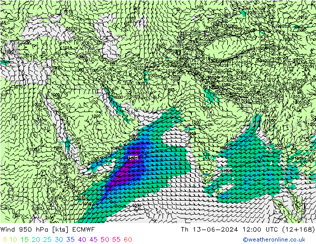 Wind 950 hPa ECMWF Čt 13.06.2024 12 UTC