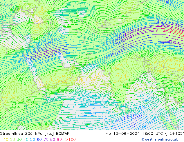 Streamlines 200 hPa ECMWF Mo 10.06.2024 18 UTC