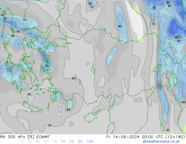 RH 300 гПа ECMWF пт 14.06.2024 00 UTC