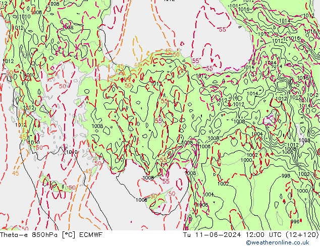 Theta-e 850hPa ECMWF di 11.06.2024 12 UTC