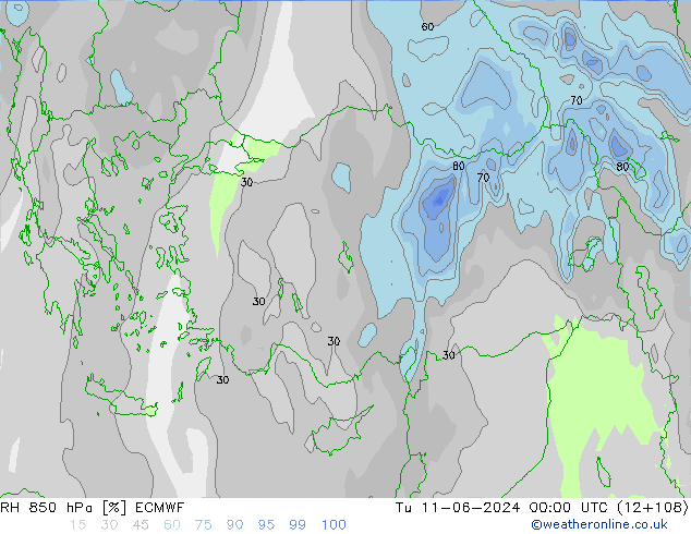 RH 850 hPa ECMWF Tu 11.06.2024 00 UTC