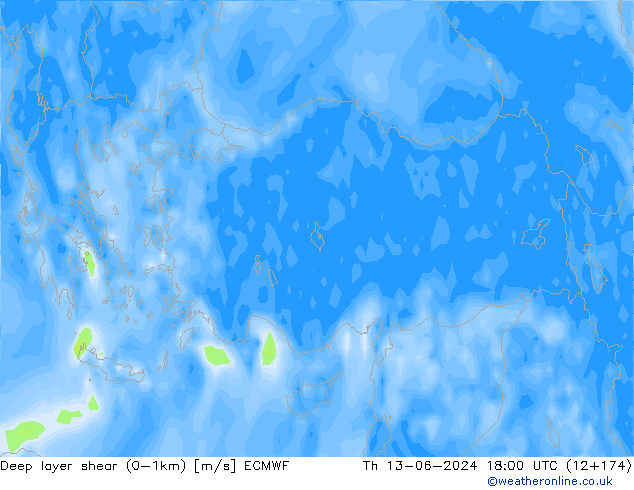 Deep layer shear (0-1km) ECMWF gio 13.06.2024 18 UTC